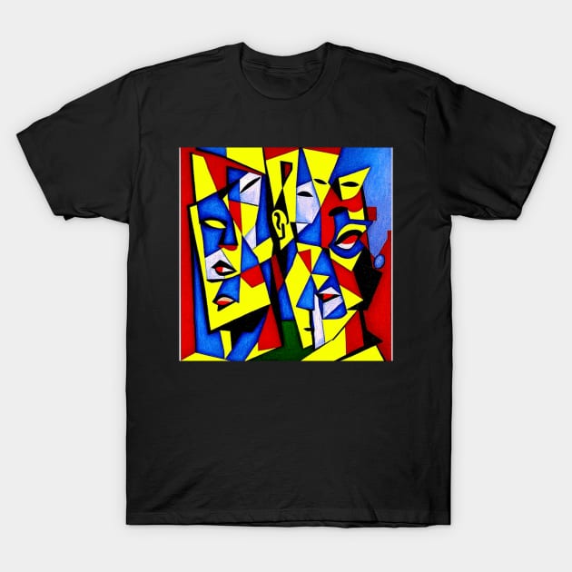 featured on deviantart, cubism, defined facial features, three heads, complementary colourhree colors, parallelism, close-up print of fractured, drawings T-Shirt by Psychedeers